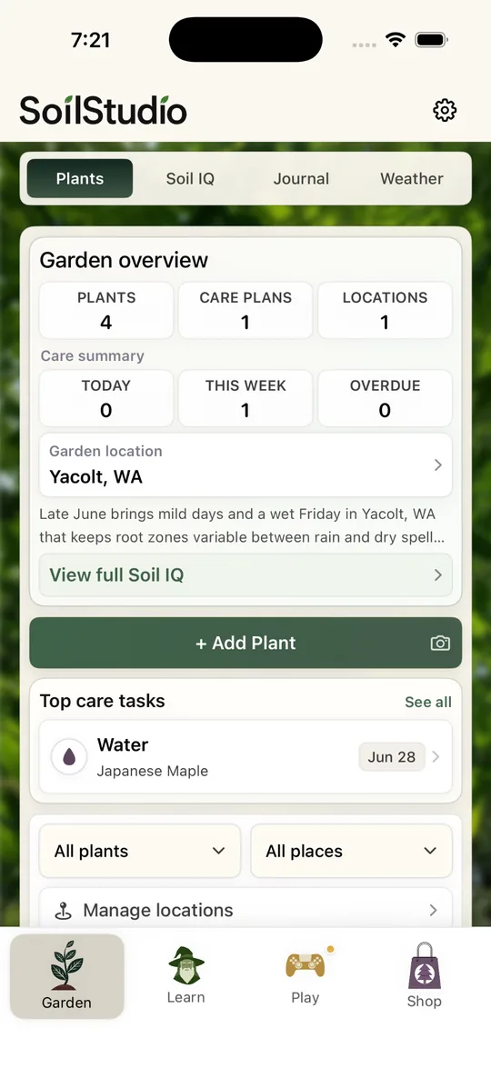 SoilStudio Garden Hub screen with plants, care plans, locations, and tasks.