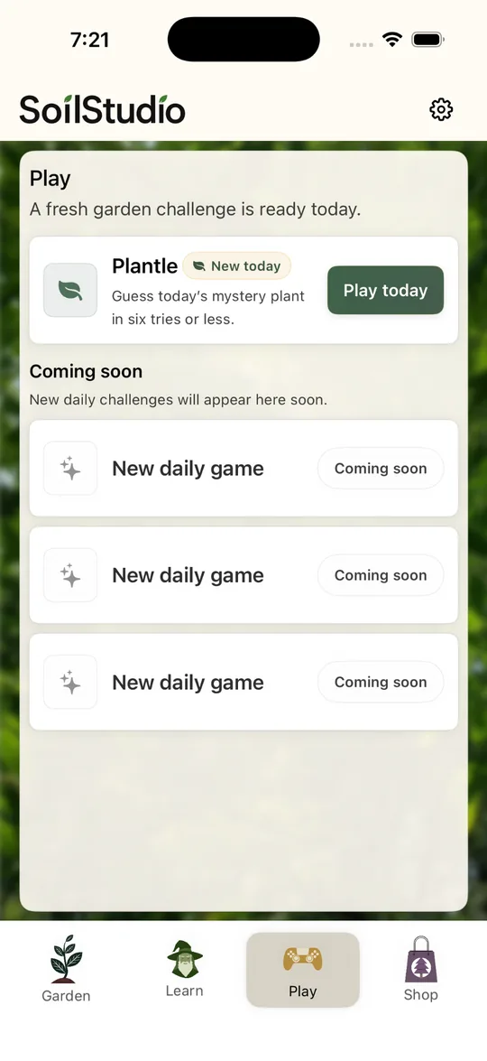 Play screen with Plantle daily challenge and coming soon games.
