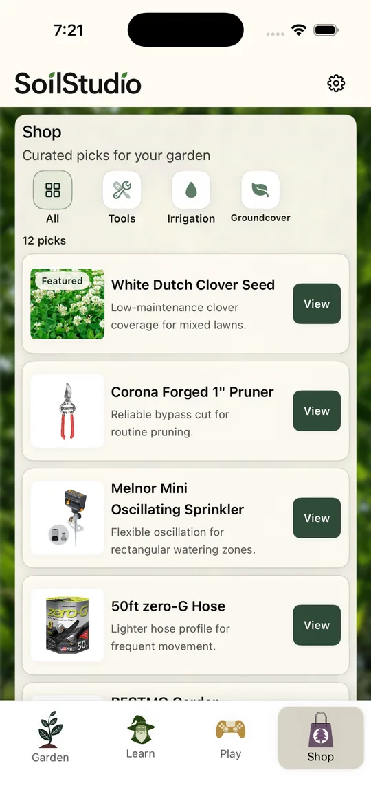 Shop screen with curated garden products and category filters.