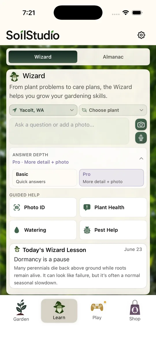 SoilStudio Wizard screen with guided plant help options.